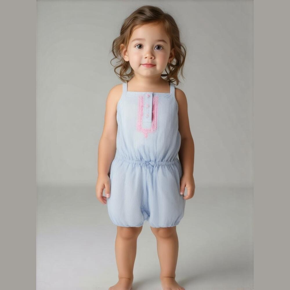 Carter's Girls Romper Size 6 Months Blue White Ticking Stripe Neon Pink NEW